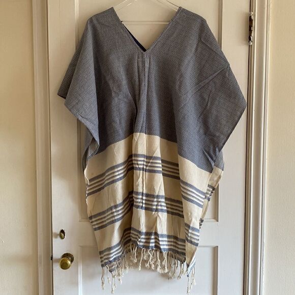 Tribe Alive Swim Beach Cover Up Poncho Fringe Blue Cream One Size - Picture 8 of 10